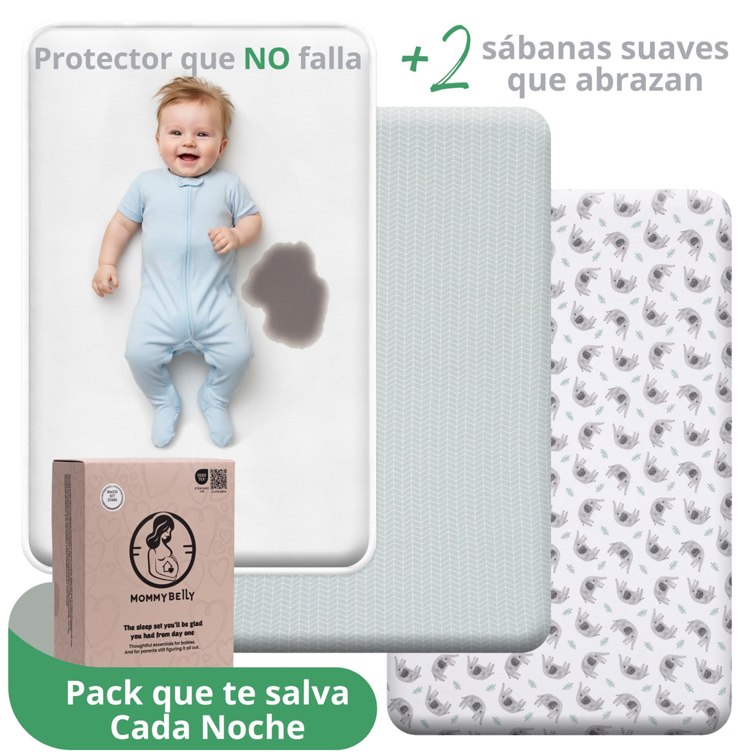 Mommybelly 2 sábanas bajeras + protector, Elefantes