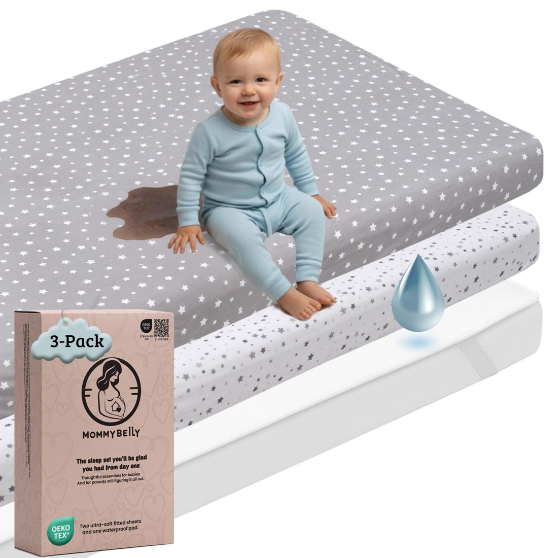 Mommybelly 2 sábanas bajeras + protector, Estrellas