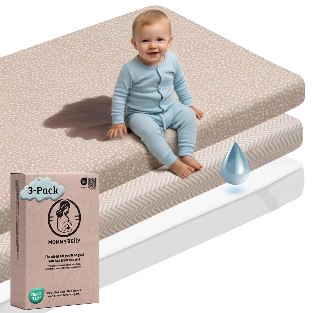 Mommybelly 2 sábanas bajeras + protector, Beige