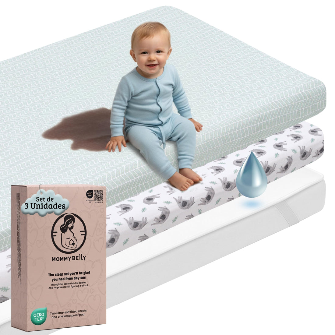 Mommybelly 2 sábanas bajeras + protector, Elefantes
